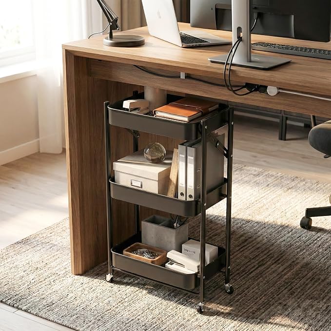 JAQ No Assembly Required Under Desk Rolling Cart, 3-Tier Foldable Metal Utility - Image 7