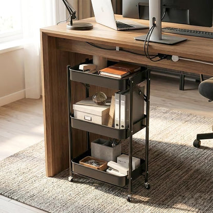JAQ No Assembly Required Under Desk Rolling Cart, 3-Tier Foldable Metal Utility - Image 7