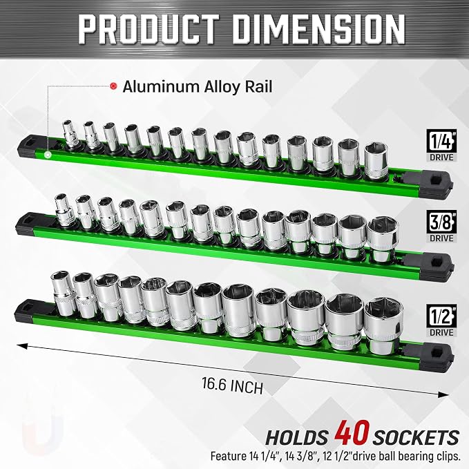 ALOANES 3-Piece Magnetic Socket Organizer, Heavy Duty Aluminum Rails - Image 2