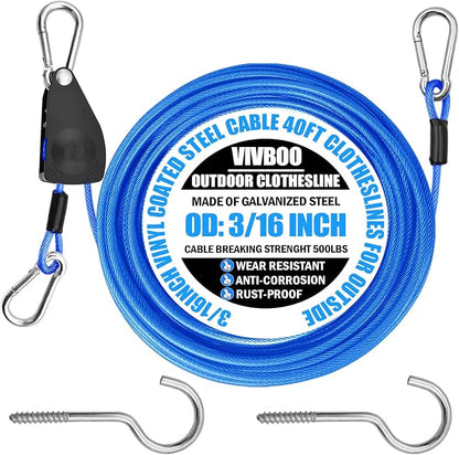 40ft Clothes Line Outdoors 3/16" Wire Ropes Blue PVC Coating Laundry Drying by VIVBOO