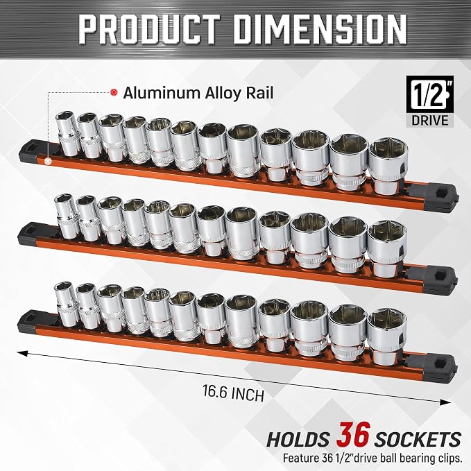 ALOANES 3-Piece Magnetic Socket Organizer, Heavy Duty Aluminum Socket Rails - Image 2