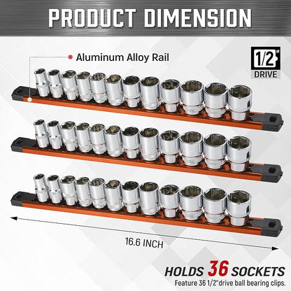 ALOANES 3-Piece Magnetic Socket Organizer, Heavy Duty Aluminum Socket Rails - Image 2