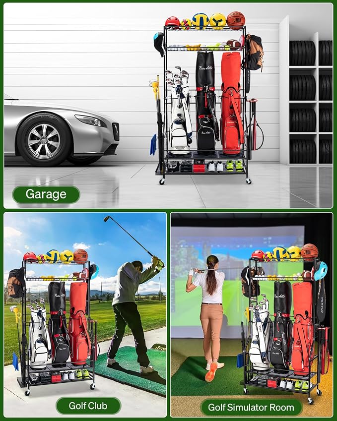 Golf Bag Storage Garage Organizer, 3 Golf Bag Stand and Sports Equipment - Image 6