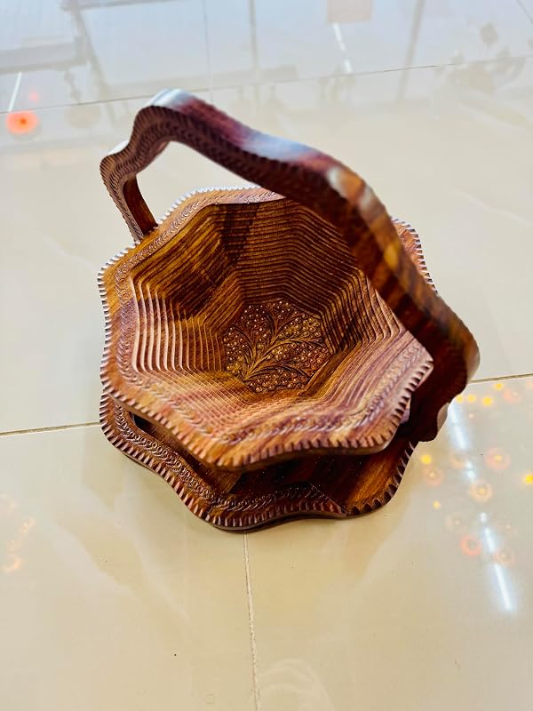 Handmade 14″ Collapsible Wooden Basket, Single Bowl Flower Design in Himalayan - Image 4