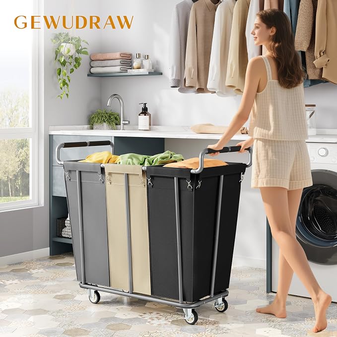 Large laundry hamper with Wheels, 360L 3 Bag Big Rolling Laundry Hamper Sorter - Image 2