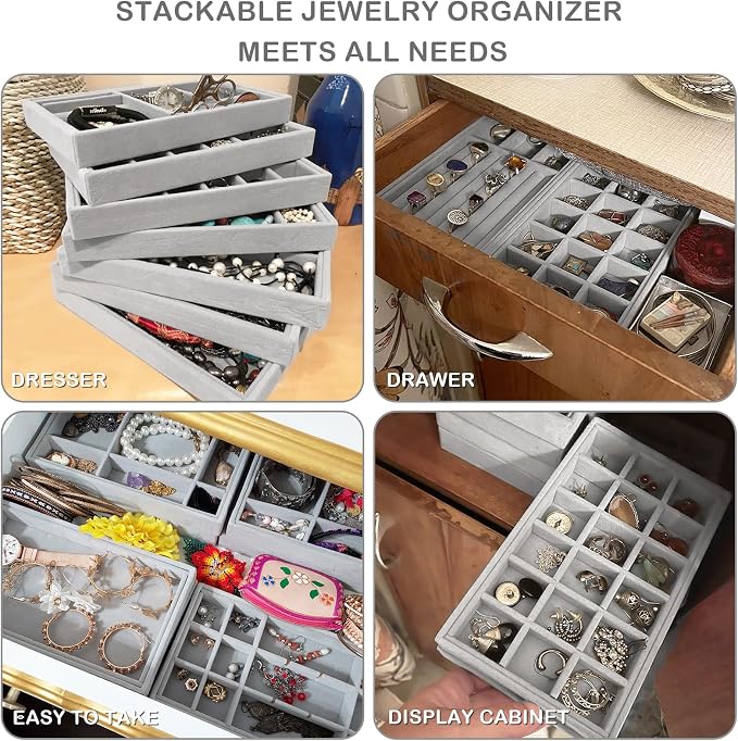 Set of 8 Velvet Jewelry Drawer Organizer Inserts, Stackable Trays - Image 7