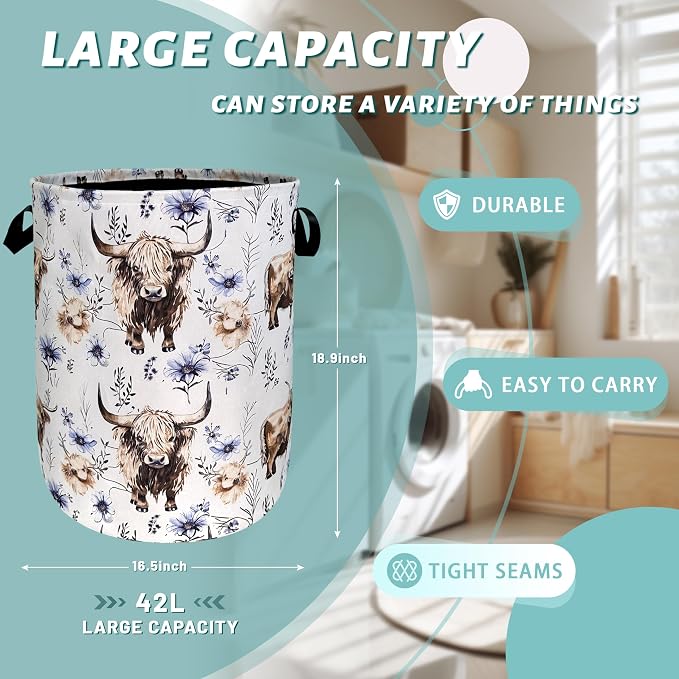 Watercolor Highland Cow Laundry Hamper - Image 2