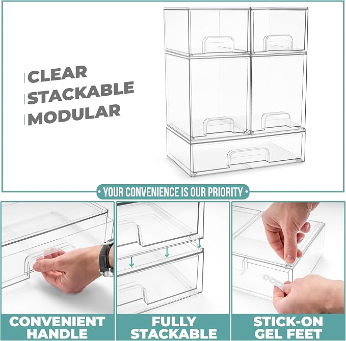 Sorbus Stackable Acrylic Storage Drawers – 2 Small + 2 Tall + 1 Wide – 5 Pack - Image 5