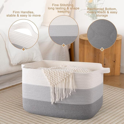 65L Large Storage Basket, Cotton Rope Woven Blanket Basket, Toy Storage - Image 5