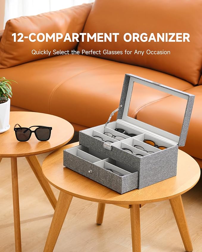 CO-Z Sunglasses Organizer with 12 Slots, Linen Eyeglasses Storage Box - Image 2