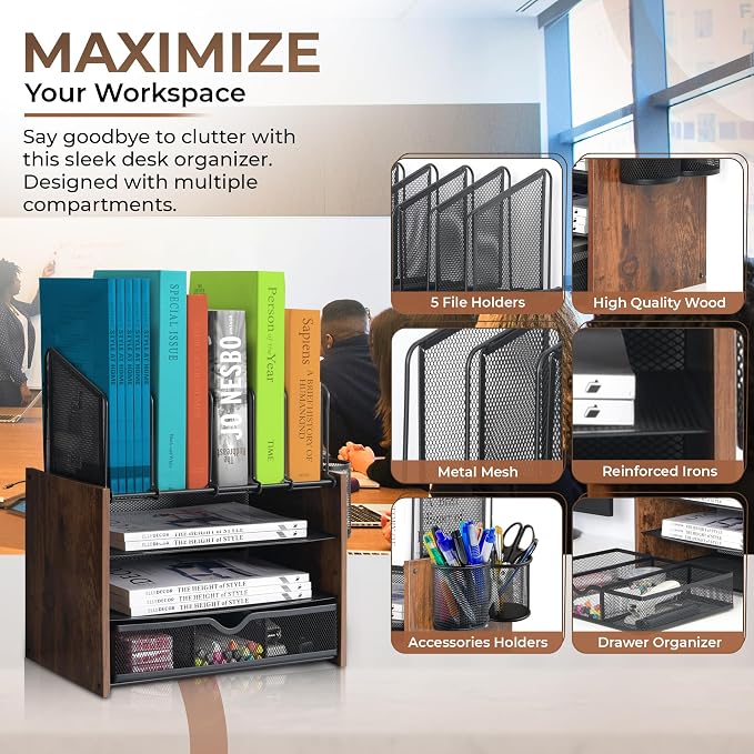4-Tier Wood & Metal Desk Organizer – Vertical File Tray, Pen Holder & Drawer | - Image 6