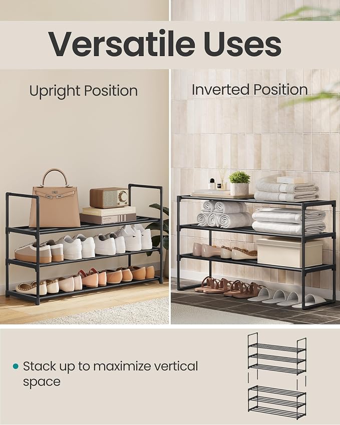 SONGMICS Shoe Rack, 3-Tier Shoe Organizer, Metal Storage Shelf, Upright or - Image 4
