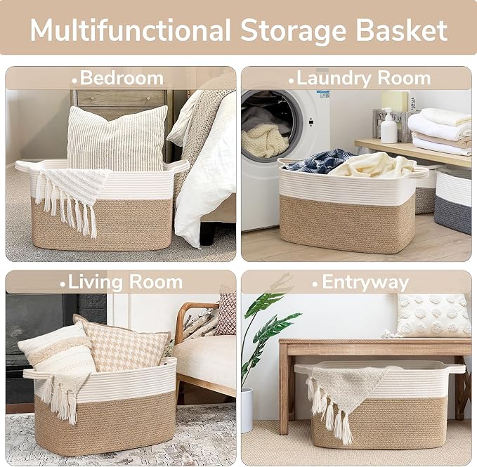 Goodpick Large Woven Blanket Basket, 21.6" x 14.9" x 11.8" Storage Baskets - Image 4