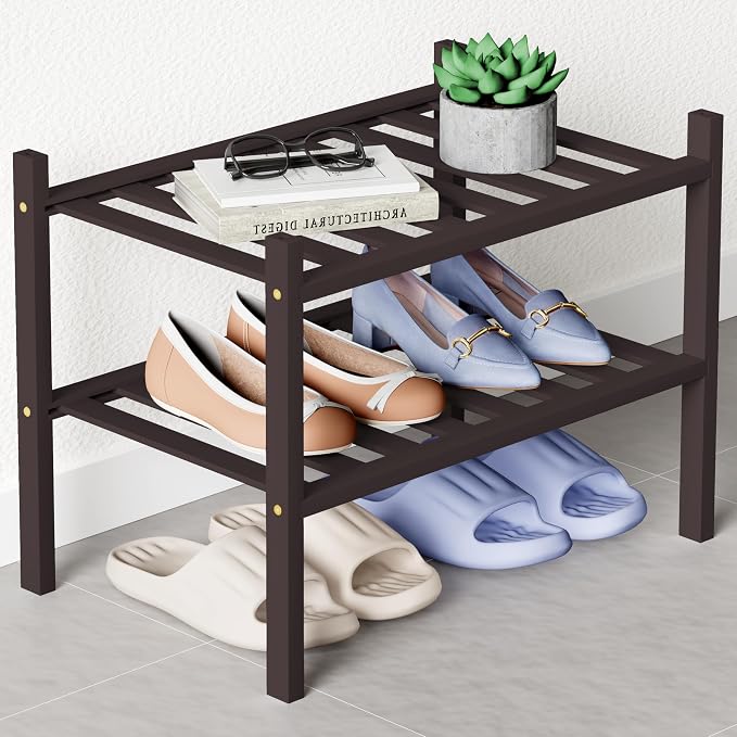 Smiry Bamboo Shoe Rack for Closet, 2 Tier Small Wooden Stackable Shoe Organizer by Smiry