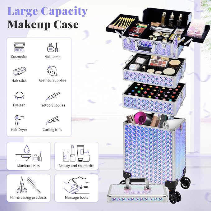 AROUS 5 in 1 Rolling Makeup Train Case Cosmetology Case on Wheels Large - Image 4