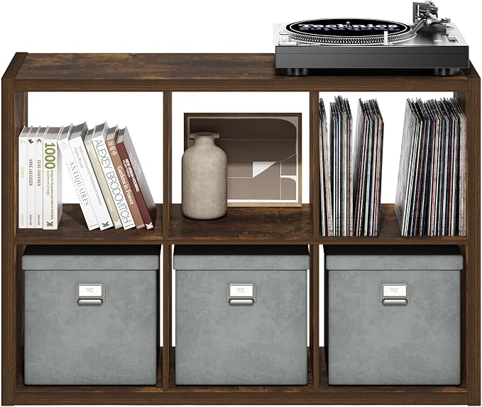 Furinno Cubicle 6-Cube Book Shelf, Extra Thick Frame Bookshelf, Amber Pine | - Image 9