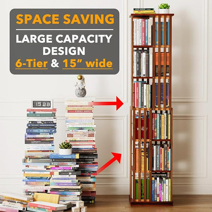 SpaceAid 6 Tier Rotating Bookshelf Tower, Bamboo Spinning Book Shelf, Revolving - Image 3