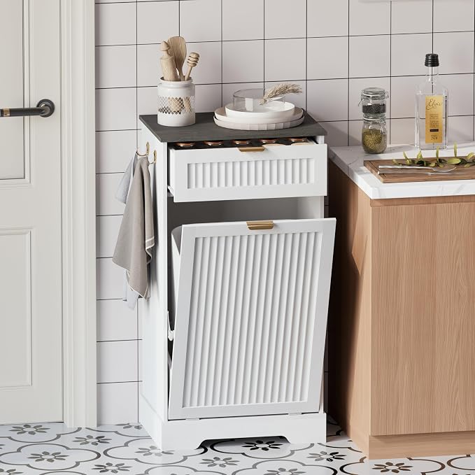 13 Gallons Tilt Out Trash Can Cabinet, Wooden Fluted Trash Garbage Can Cabinet - Image 8