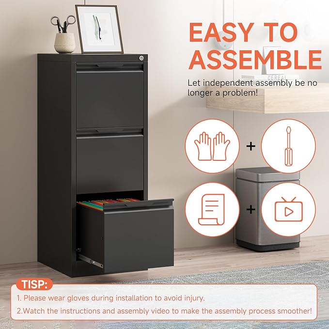 3 Drawer File Cabinet with Lock, Vertical Filing Cabinets - Image 5