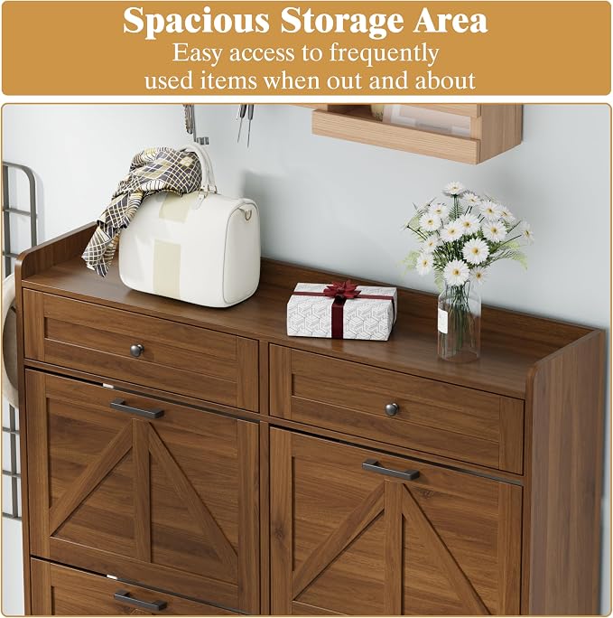 Thacuok Shoe Cabinet with 6 Flip Drawers & 2 Storage Drawers, Rustic Farmhouse - Image 4