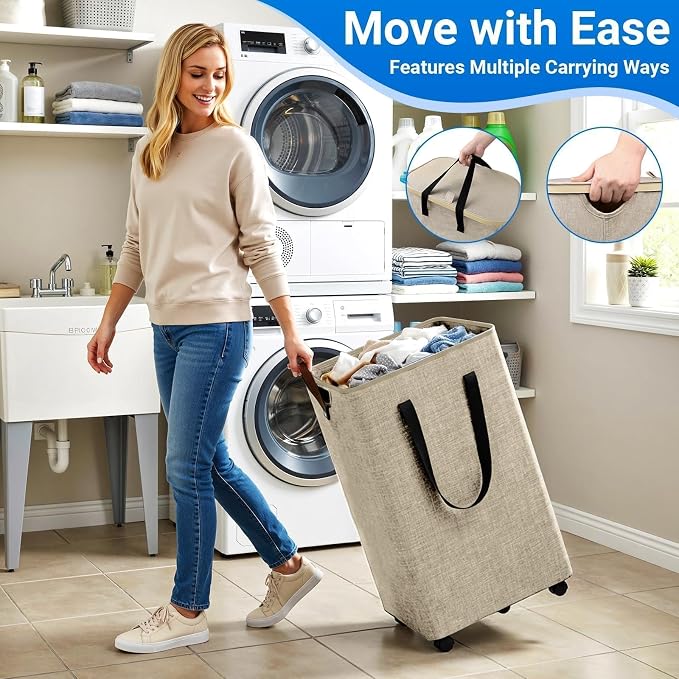 Laundry Basket with 5 Wheels, Tall Dirty Laundry Hamper, Rolling Laundry Basket - Image 3