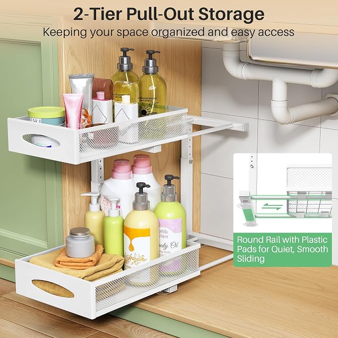 Under Sink Organizer, 2 Pack 2 Tier Pull out Cabinet Organizer Baskets - Image 3