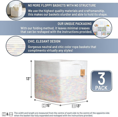 NaturalCozy 13x15x13 Kallax Storage Cubes Bins, 3 Pack | Cotton Rope Cube - Image 2