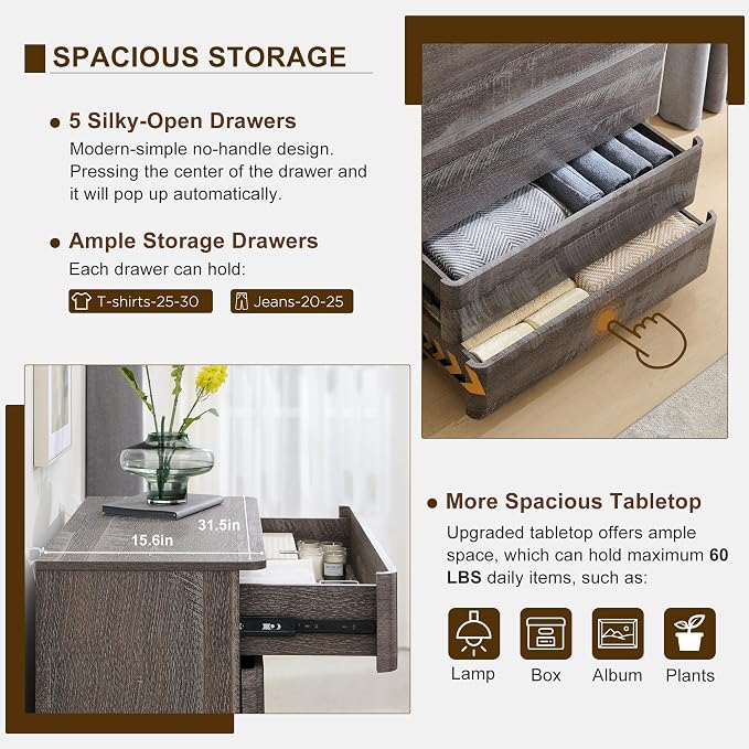 ACCOHOHO Modern 5 Drawer Dresser - Image 4