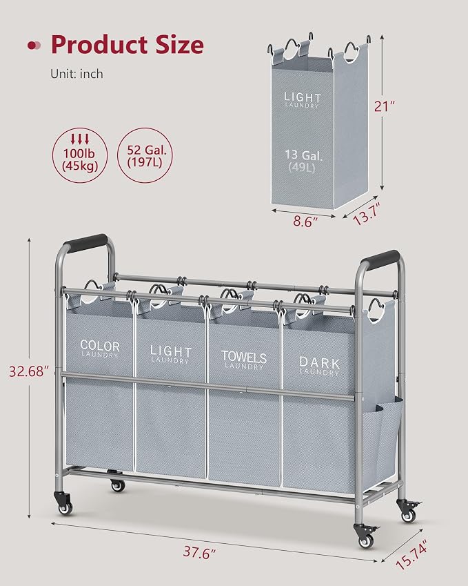 Tajsoon 4 Bag Laundry Sorter Cart, 4 Section Laundry Hamper Sorter - Image 7