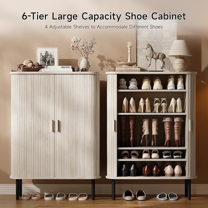 6-Tier Shoe Cabinet with Sliding Door, Wooden Shoe Storage Cabinet with - Image 3