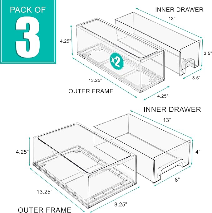 Sorbus 1 Medium & 2 Small Clear Stackable Storage Drawers – Plastic Organizer - Image 3