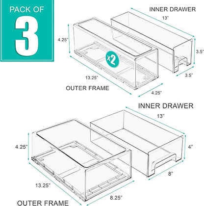 Sorbus 1 Medium & 2 Small Clear Stackable Storage Drawers – Plastic Organizer - Image 3