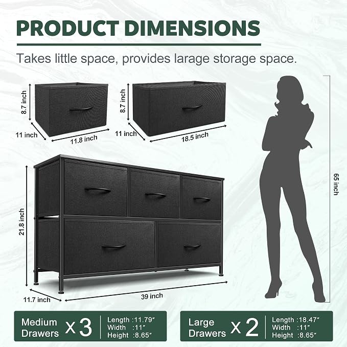 Dresser for Bedroom with 5 Drawers, Chest of Drawers, Storage Drawers Organizer - Image 3