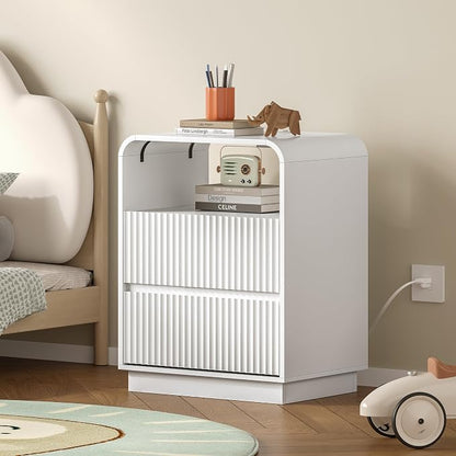 Dresser with 2 Drawers and Charging Station, Fluted Bedside Table with Round by BORNOON