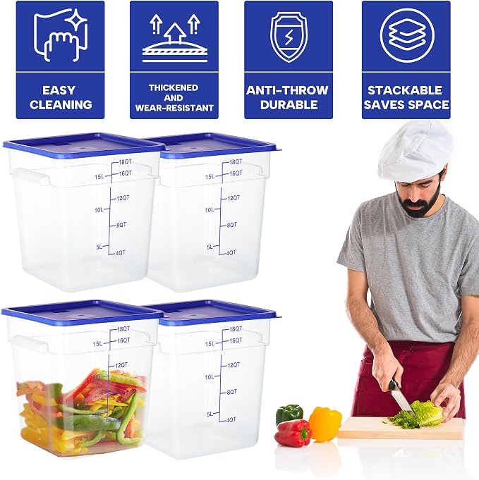 4 Pack Food Storage Containers, 18 Quart Square Commercial Food Containers - Image 4