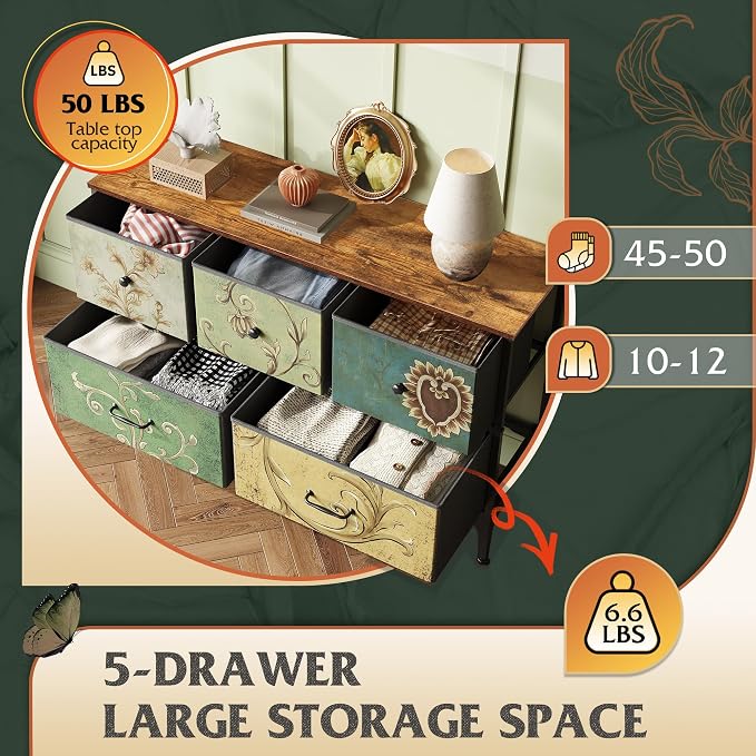 WLIVE Wide Dresser for Bedroom, 5 Drawer Chest of Drawers, Floral | 5 roomy - Image 5