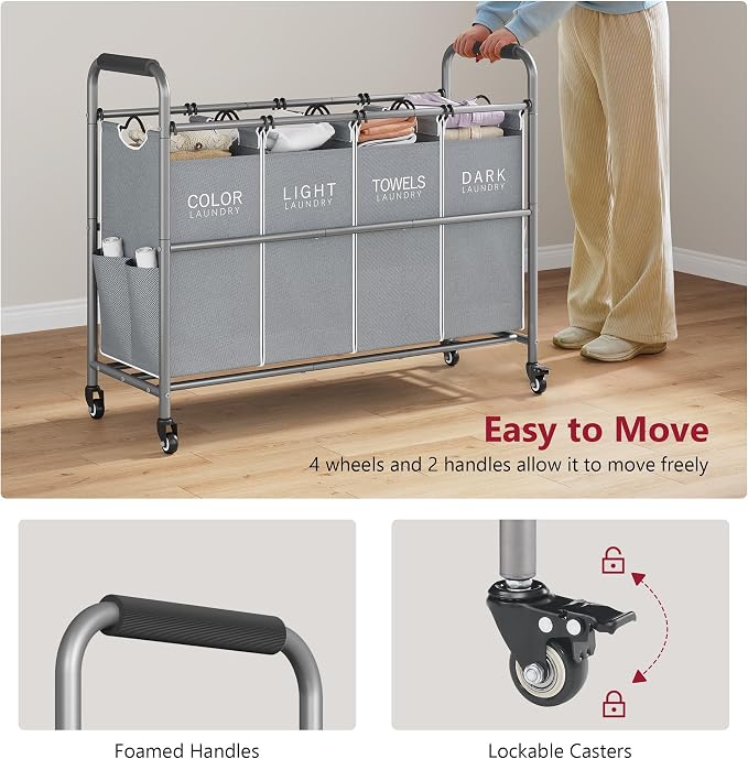 Tajsoon 4 Bag Laundry Sorter Cart, 4 Section Laundry Hamper Sorter - Image 5