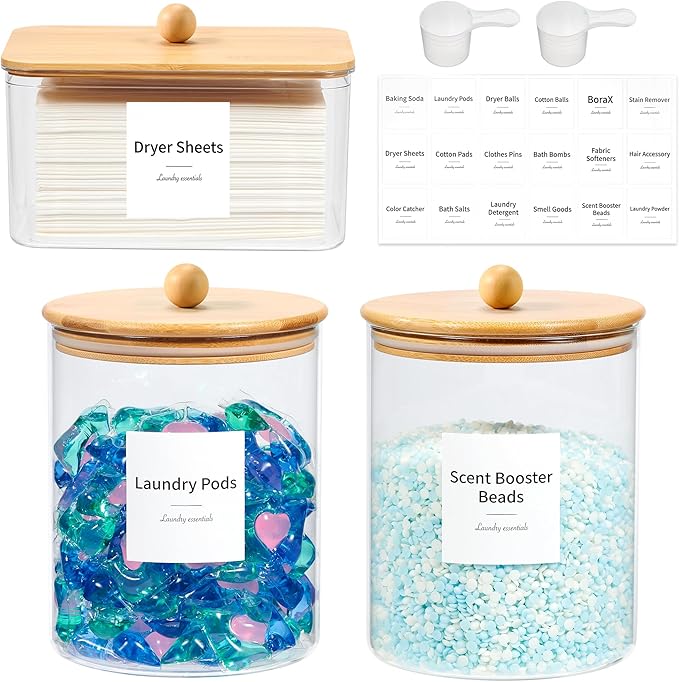 Glass Laundry Pods Container & Acrylic Dryer Sheet Holder by KitHero