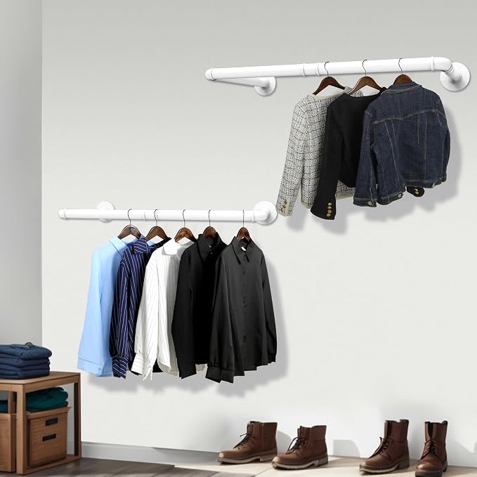 WEBI Clothing Rack Wall Mount White, Heavy Duty Iron Garment Rack Bar, Retail - Image 2