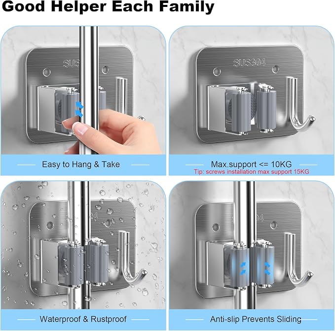 2 Pack Broom Holder Wall Mount, 304 Stainless Steel Mop Organizer - Image 5