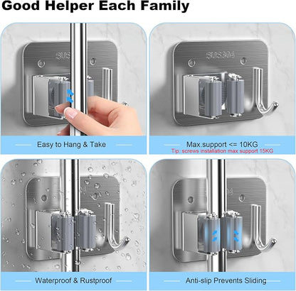 2 Pack Broom Holder Wall Mount, 304 Stainless Steel Mop Organizer - Image 5