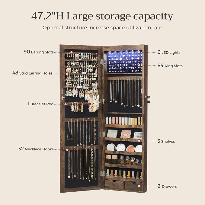SONGMICS 6 LEDs Mirror Jewelry Cabinet, 47.2-Inch Tall Lockable Wall or Door - Image 5