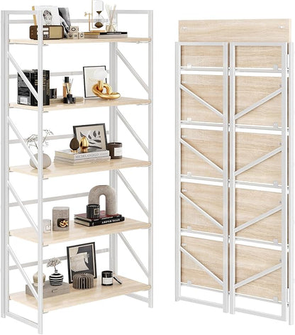 JSB No Assembly Folding Bookshelf, 5 Tier Industrial Metal Book Shelf by HomeFurniture