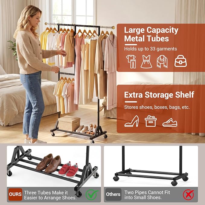 Rolling Clothing Rack with Bottom Storage Shelf & lockable Casters, Dresses - Image 2