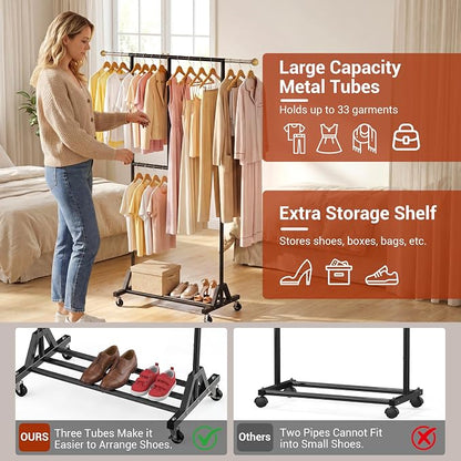 Rolling Clothing Rack with Bottom Storage Shelf & lockable Casters, Dresses - Image 2