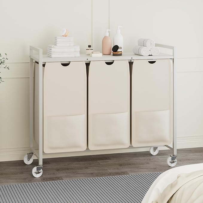 3-Section Laundry Hamper with Shelf, Pull-Out Removable 12.8 gal Bags, Metal - Image 2
