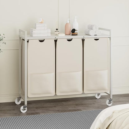 3-Section Laundry Hamper with Shelf, Pull-Out Removable 12.8 gal Bags, Metal - Image 2