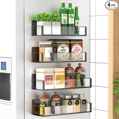 Metal Magnetic Spice Rack for Refrigerator Clear, 4 Pack | Magnetic Shelves by HuggieGems