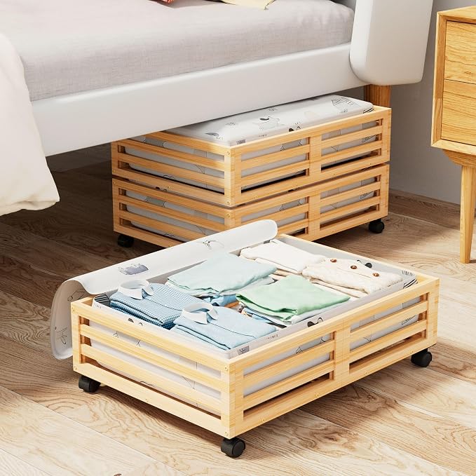 Bamboo Under Bed Storage Containers- Underbed Organizer by WISUCART