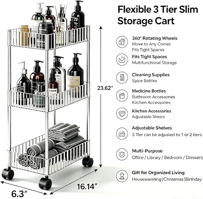 Sooyee Slim Clear 3-Tier Plastic Rolling Utility Cart - Image 5